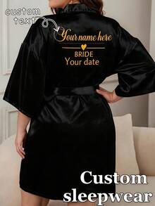 Plus Size Customized Name Women's Wedding Morning Robe, Personalized Bride & Bridesmaid Pajamas, Elegant Bridesmaid Gift, Customized Text Nightgown For Morning Preparation - Black - View 1