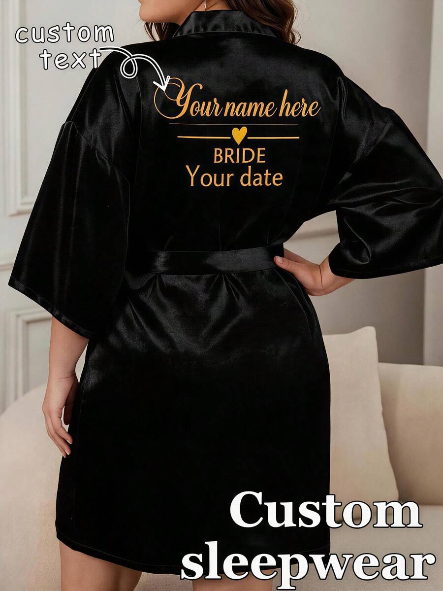 Plus Size Customized Name Women's Wedding Morning Robe, Personalized Bride & Bridesmaid Pajamas, Elegant Bridesmaid Gift, Customized Text Nightgown For Morning Preparation - Black - View 1