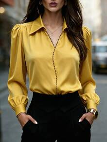 Women's Solid Color Satin Long Sleeve Shirt, Contrast Trim Collar, Cuffed Sleeves, Business Casual Style Yellow - Yellow - View 7