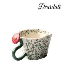 DearDali 1pc Hand-Painted Vine & Floral Ceramic Mug With 3D Flower Handle And Wavy Rim, French Vintage Pastoral INS Style Coffee Cup For Tea, Latte, Milk, Juice, Home Afternoon Tea, Creative Holiday Gift - Multicolor - View 13