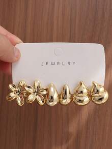 6/18PCS Fashionable Elegant Floral Geometric Textured Metallic Earrings Set Suitable For Party, Banquet, Travel, Wedding, Vacation, Daily Wear Jewelry Gift (Lightweight ABS Material, Non-Fading) - Gold - View 2