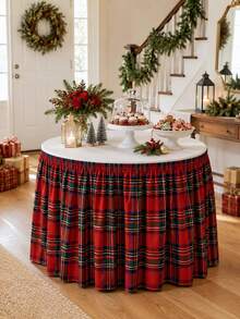 1pc Red Plaid Table Skirt, Festive Polyester Round Elastic Table Cover Skirt With Classic Tartan Print, Gathered Pleated Edge For Dessert Table, Buffet Table, Cake Display, Party Supplies, Christmas Holiday Home Decor - Multicolor - View 3