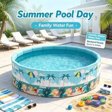 1pc Tropical Round Swimming Pool, Portable Foldable Pool Without Inflation, Blue Palm Tree Print, PVC & Oxford Fabric Material, Quick Setup Home Pool, Suitable For Backyard, Beach, Garden And Indoor Summer Fun - A - View 13