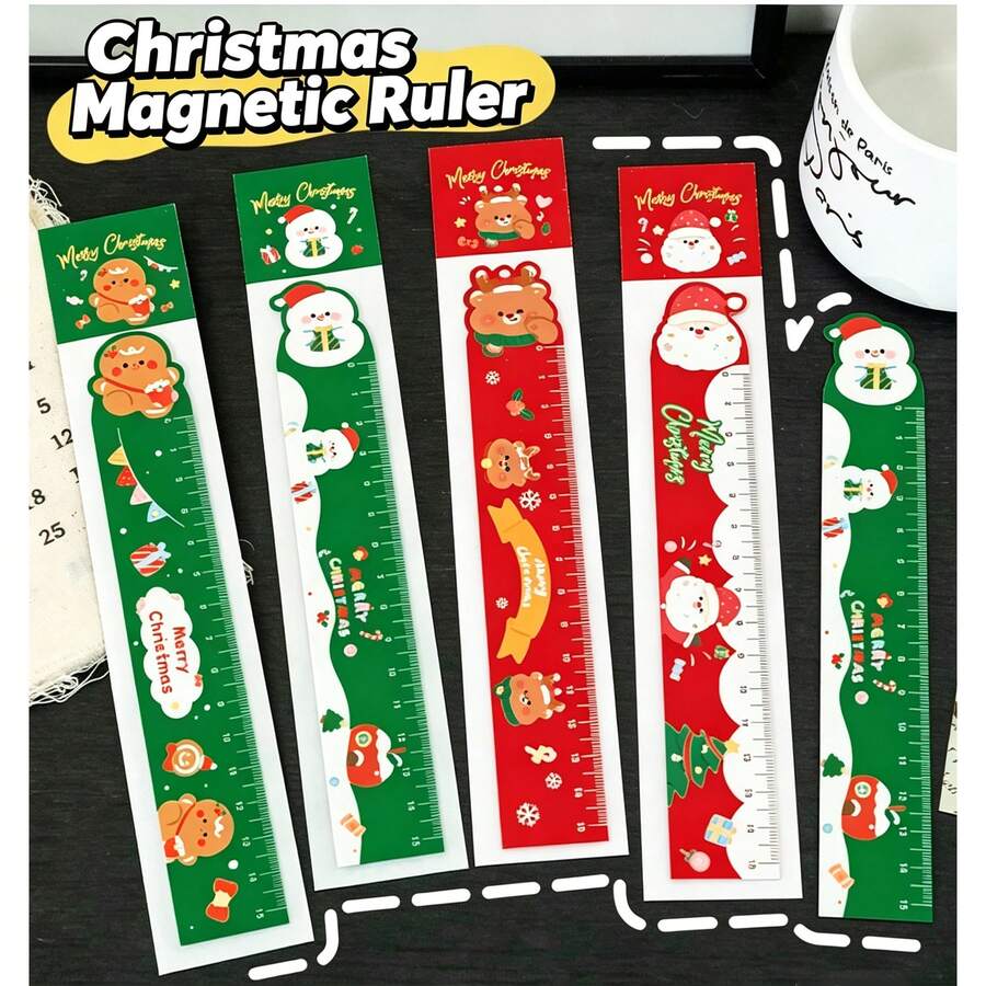 20/10PCS Cartoon Christmas Magnetic Bookmark Ruler 2-In-1 Magnetic Straight Ruler, Cute Santa Claus Snowman Gingerbread Man Book Page Clip, Portable Ruler For Primary And Secondary School Students Classroom Reading Drawing, Christmas Creative Stationery Exchange Small Gift - Christmas - View 1