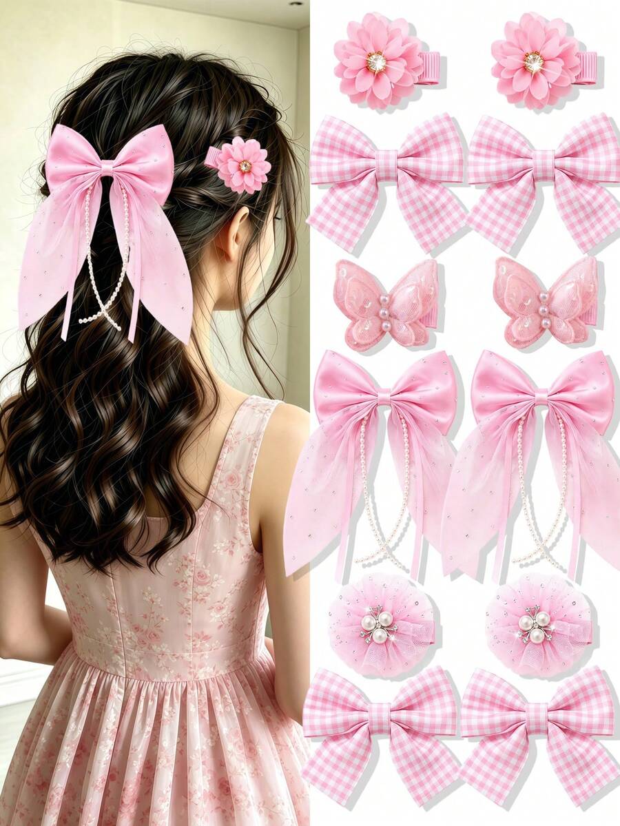 10pcs Pink Plaid Bow Hair Accessories Set, Durable And Gentle On Hair, Basic Cute Sweet Hair Clips - Suitable For Girls And Kids, Daily, Vacation, School, Date - Multicolor - View 1