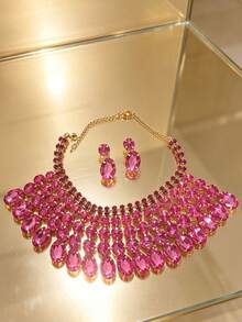 3pcs/Set Fashionable Elegant Geometric Rhinestone Necklace & Earrings Jewelry Set, Suitable For Wedding, Banquet, Party - Multicolor 2 - View 8