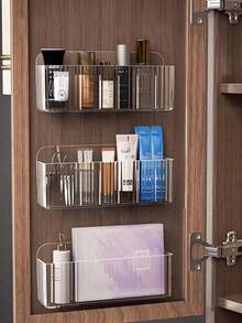 1/3pcs Wall-Mounted Cosmetic Storage Box, Plastic Cosmetic Storage Box, Suitable For Lipstick, Brushes, Nail Polish, Skincare Products - Mirror Cabinet Door Hidden Storage Box, Bathroom Vanity Storage - Transparent - View 3