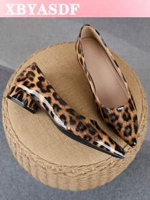 XBYASDF 2026 New Women's Brown Leopard Print Pointed Toe Chunky Heel Pumps, Glossy Low Vamp Slip-On 3cm High Heels, Versatile For Commute And Date - Brown - View 1
