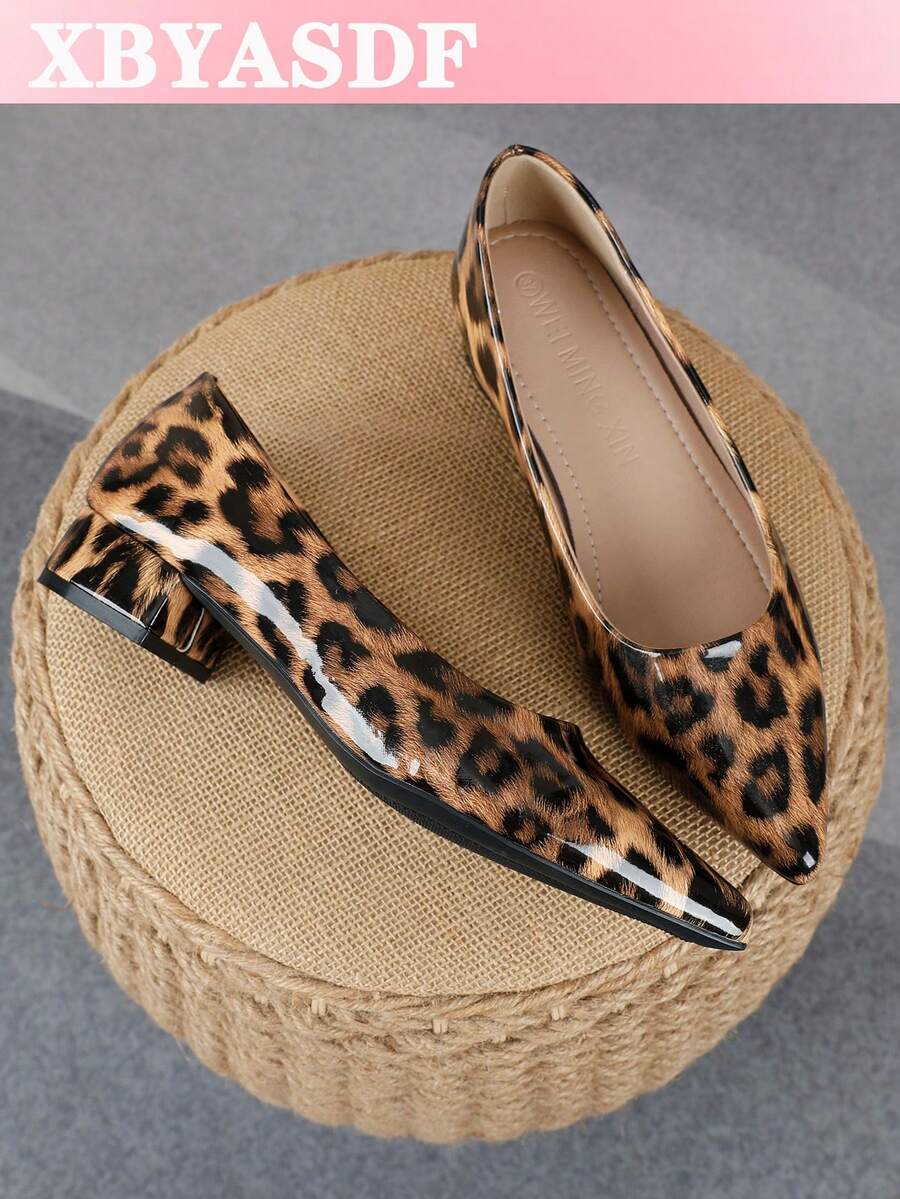 XBYASDF 2026 New Women's Brown Leopard Print Pointed Toe Chunky Heel Pumps, Glossy Low Vamp Slip-On 3cm High Heels, Versatile For Commute And Date - Brown - View 1