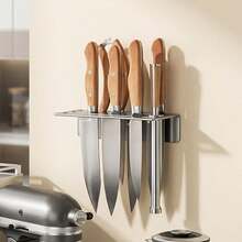 1pc Wall-Mounted Stainless Steel Knife Rack - Multi-Slot Kitchen Knife Storage Rack, No-Drill Wall Shelf, Space-Saving Home Knife Display Rack, Rust-Proof Kitchen Utensil Storage Rack - Grey - View 3