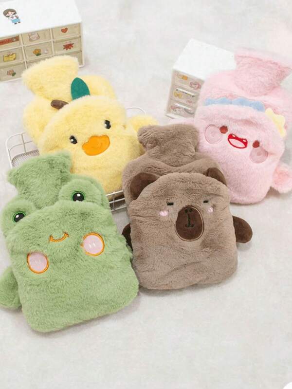 1pc 1000ml Unisex Cartoon Flocked Hot Water Bottle, Inner Liner Color Is Random. Large Capacity, Refillable, Explosion-Proof, Leakproof, Detachable, Warm Hand Warmer, Suitable For Winter Outdoor Camping, Travel, Home, Office, School, Dorm, Daily Use