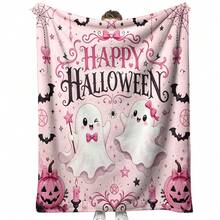 1pc Pink Happy Halloween Flannel Throw Blanket, Cute Bow Ghost Pumpkin Bat Spider Web Pattern, Soft Polyester Material, Suitable For Sofa, Bedroom And Holiday Home Decor Pastel Style Kawaii Halloween Blanket, Size 50*60in - Multicolor - View 1