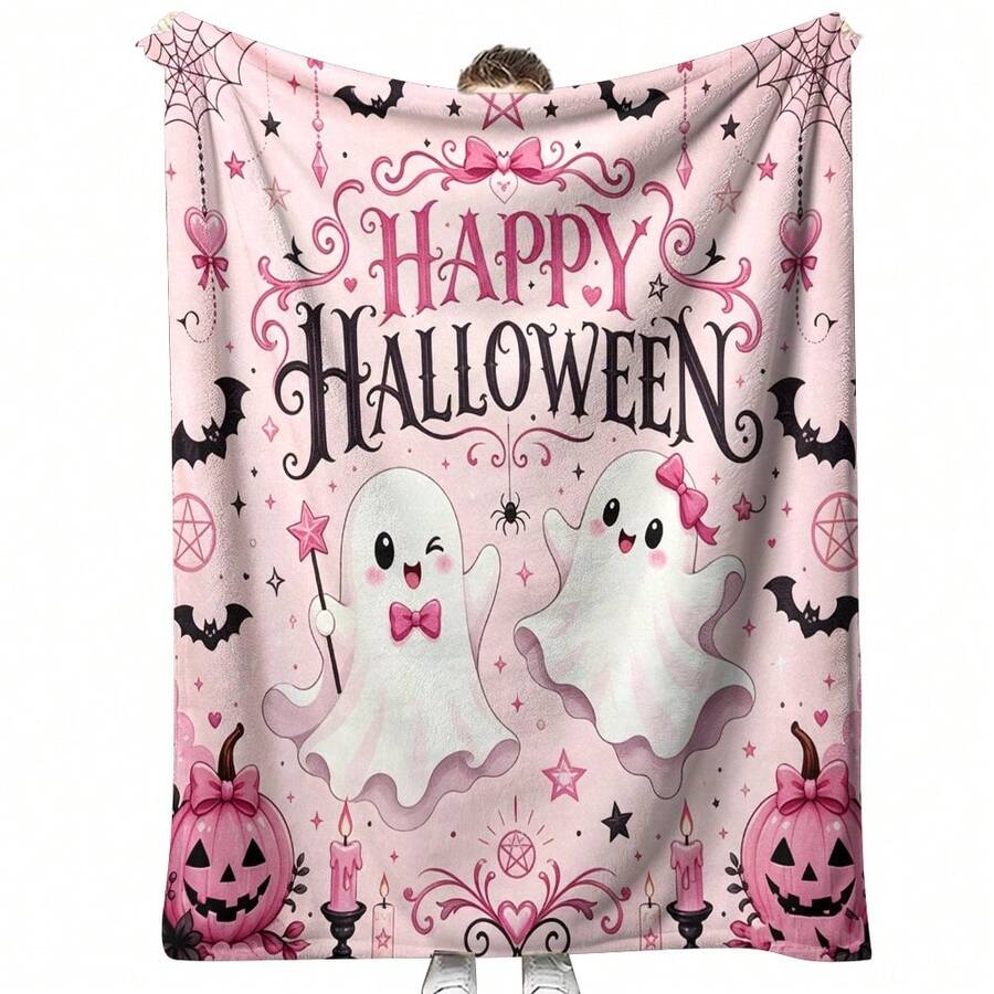 1pc Pink Happy Halloween Flannel Throw Blanket, Cute Bow Ghost Pumpkin Bat Spider Web Pattern, Soft Polyester Material, Suitable For Sofa, Bedroom And Holiday Home Decor Pastel Style Kawaii Halloween Blanket, Size 50*60in - Multicolor - View 1