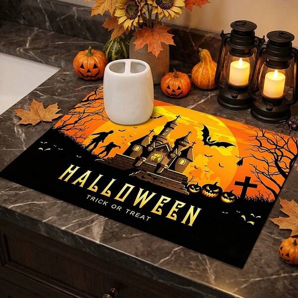 1 buah Alas Pengering Piring, Alas Mesin Kopi, Alas Pengering Piring Bertema Kastil Hantu Halloween, Menyerap dan Cepat Kering untuk Melindungi Permukaan Meja, Cocok untuk Pesta Liburan, Suasana Dapur, Praktis dan Sesuai dengan Suasana Liburan Halloween, Hadiah Rumah, Dekorasi Meja