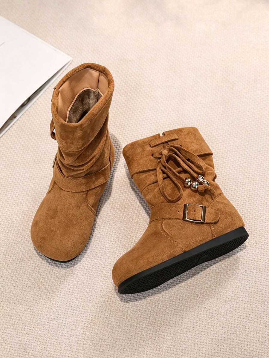 Girls' Ruched Mid-Calf Boots, Vintage Buckle Decor Boots, Fleece Lined Casual Winter Mid-Calf Boots, Suitable For Autumn/Winter Daily Wear - Brown - View 1