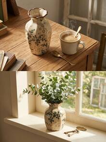 1pc Lovien Vintage Floral Pattern Ceramic Vase, Crackle Glaze Finish, Hexagonal Shape, Dark Rim, Rustic Style - 1PC - View 5