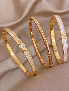 3‑Pcs Gold‑Plated Stainless‑Steel Bangle Set, Chain‑Link Paved Zirconia Cuff, Bamboo‑Joint Bracelet, Mother‑Of‑Pearl Shell Wrist Jewelry For Women - Gold - View 1