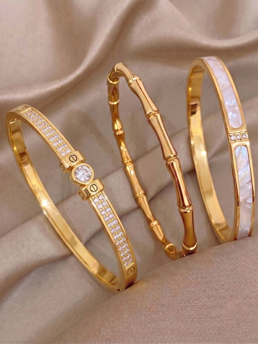 3‑Pcs Gold‑Plated Stainless‑Steel Bangle Set, Chain‑Link Paved Zirconia Cuff, Bamboo‑Joint Bracelet, Mother‑Of‑Pearl Shell Wrist Jewelry For Women - Gold - View 1