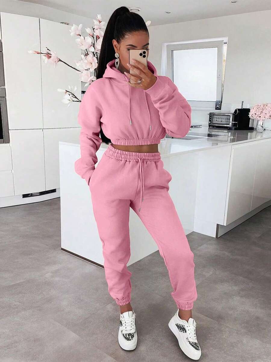 2pcs Women's Casual Solid Color Thermal Lined Hoodie Sweatshirt And Skinny Sports Pants Tracksuit Set, Autumn Winter Pink Elegant - Pink - View 1