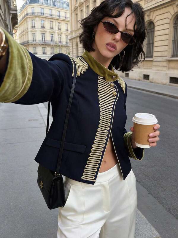FGGG Spring/Autumn Fashion Versatile Elegant Vintage Napoleon Style Velvet Contrast Color Navy Blue Jacket Black