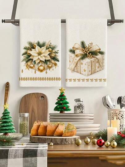 2pcs/4pcs White & Gold Watercolor Christmas Kitchen Towels, White Poinsettia Gold Ball Ornament Gift Box Pine Branch Print, Luxury Christmas Holiday Hand Towels, Kitchen Baking Decor Towels