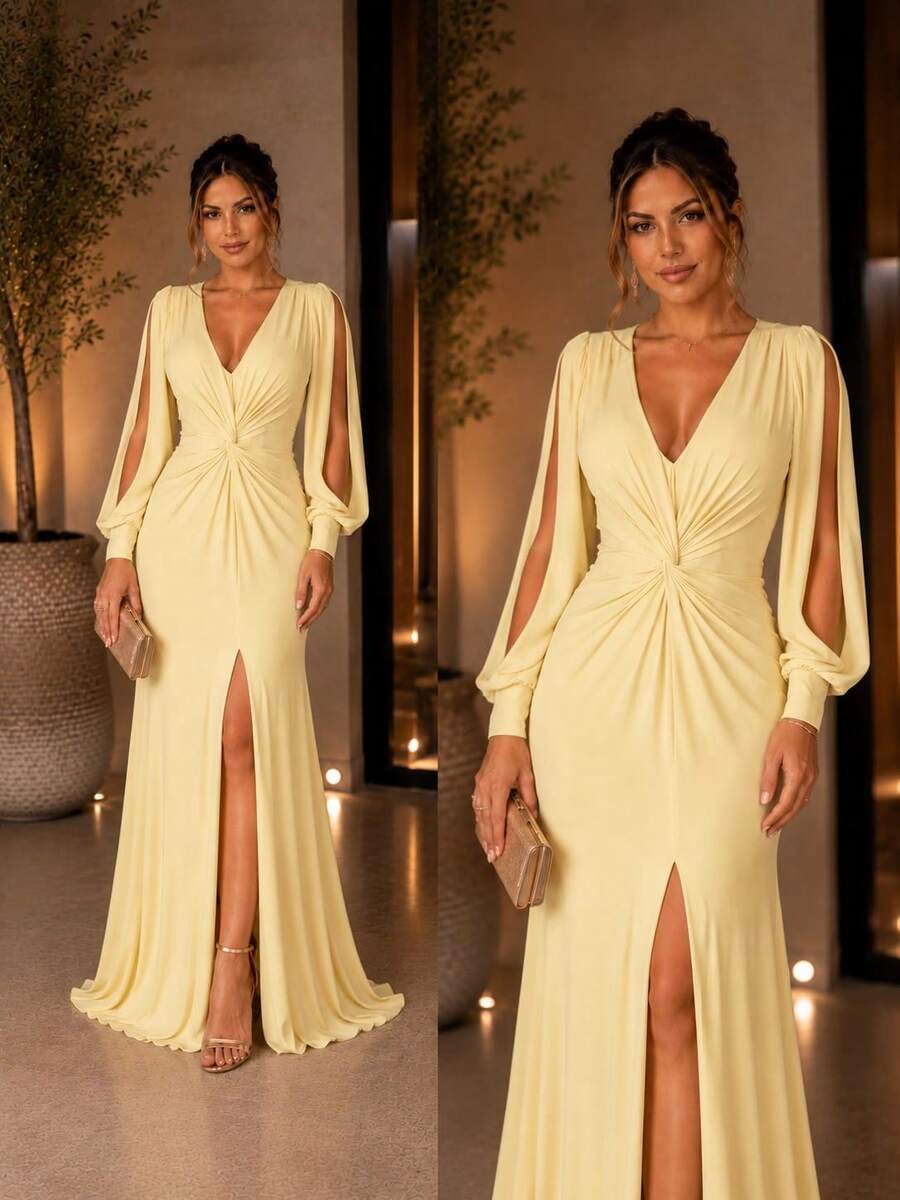 Matron Of Honor Wedding Guest Reception Graduation Dress No Sequins Long Sleeve Openwork Fluity Fabric With Slit - 黃色 - 查看 1