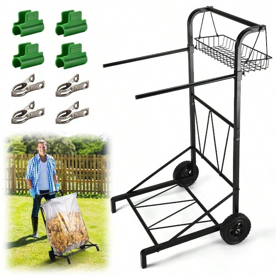 Carrito De Bolsa De Basura Mejorado Con Cesta De Almacenamiento Y Mango Ergonómico, Soporte Ajustable Para Bolsas De Hojas Para Exteriores De 30 A 45 Galones De Capacidad, Ideal Para Limpieza De - Multicolor - View 1