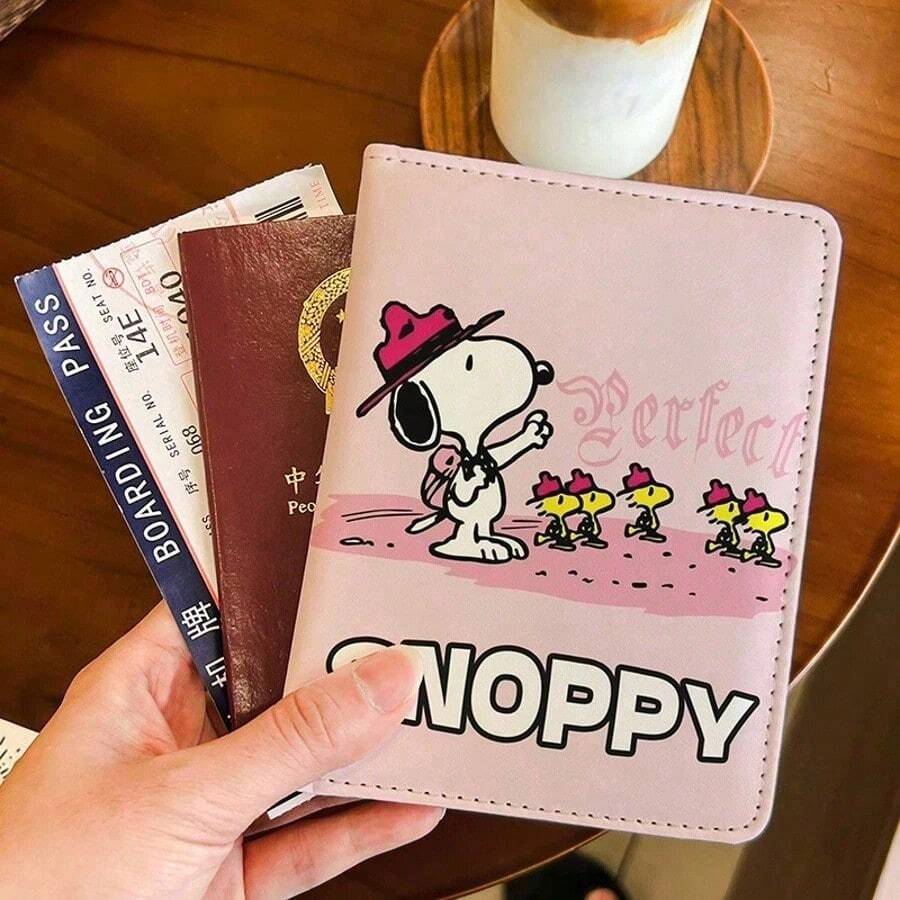 Snoopy 卡通護照夾 多功能旅行文件收納包 便攜錢包附現金與卡槽 - 粉色 - 查看 1