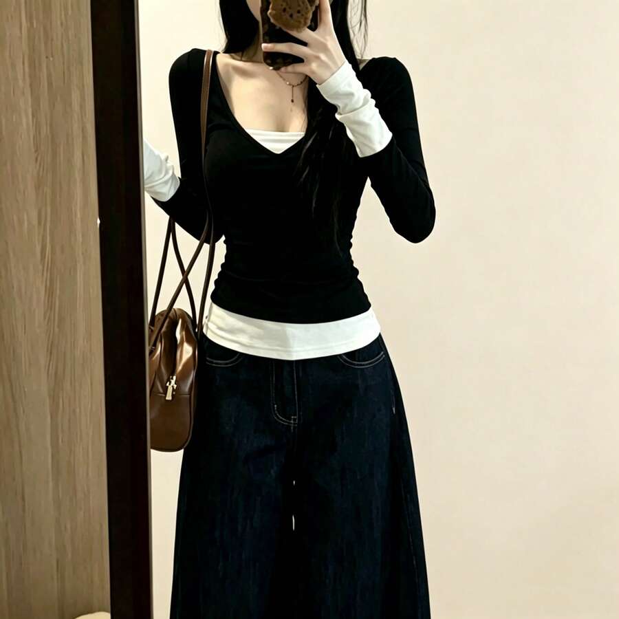 Pure Desire 女款性感女孩對比色V領長袖T恤，修身顯瘦，時尚休閒優雅通勤百搭疊穿上衣，秋季穿搭 - 黑與白 - 查看 1