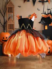 Young Girls Thick Strap Woven Ribbon Bow Organza Elegant Halloween Party Puff Princess Dress Suitable For Ball, Includes Bag, No Headband - Orange - View 3