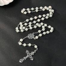 白色人造珍珠手工串珠天主教玫瑰念珠項鍊，附十字架吊墜，女士祈禱項鍊，毛衣長鍊，靈性禮物 - 白色 - 查看 2