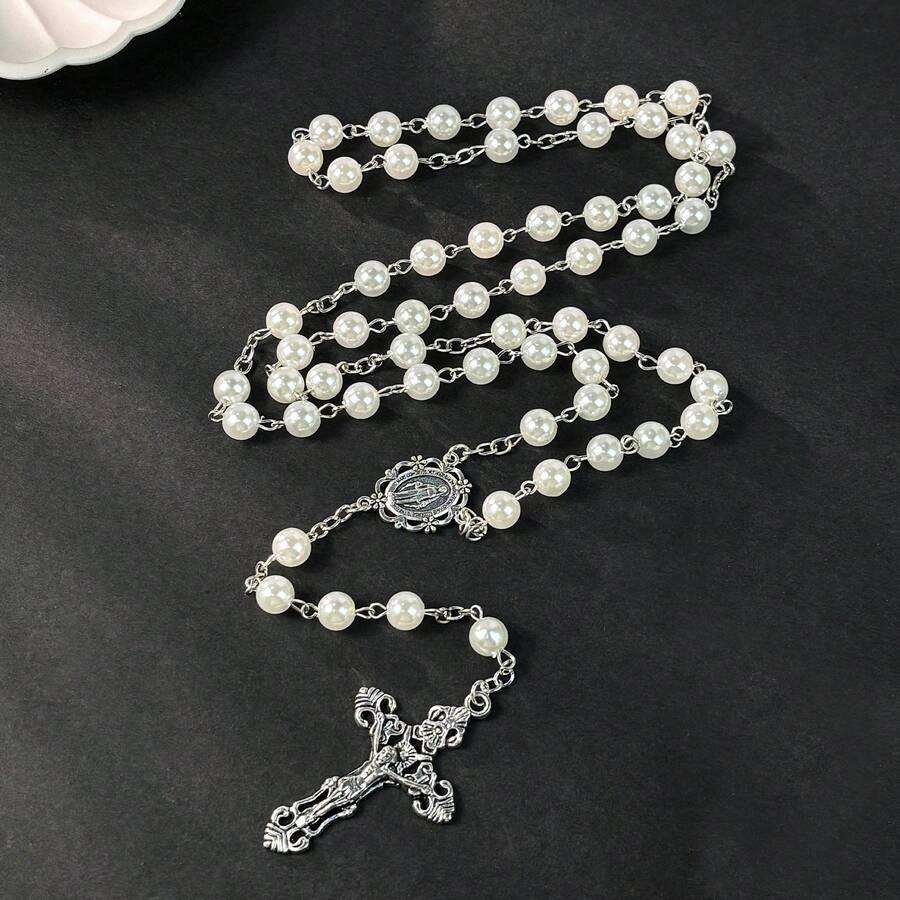 白色人造珍珠手工串珠天主教玫瑰念珠項鍊，附十字架吊墜，女士祈禱項鍊，毛衣長鍊，靈性禮物