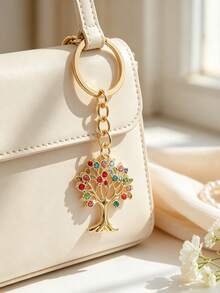 Luxury Rhinestone Tree Of Life Keychain, Bag Charm Pendant, Multi-Color Full Rhinestone Design, Gold Alloy Tree-Shaped Pendant Exquisite And Sparkling. Paired With Large Metal Key Ring, Sturdy Chain Resistant To Breaking, Suitable For Bags, Car Keys, Backpacks. Symbolizes Lucky Money Tree, Compact And Portable, Ideal For Gifts Or Personal Use, Ins Style Versatile Accessory, Holiday Gift Choice. - Multicolor - View 10
