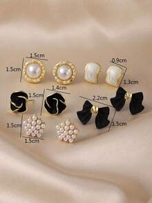 5對復古獨特黑色山茶花蝴蝶結星星人造珍珠幾何耳釘耳環套組，極簡優雅高品質時尚飾品，適合女性日常與節日穿著 - 彩色 - 查看 7