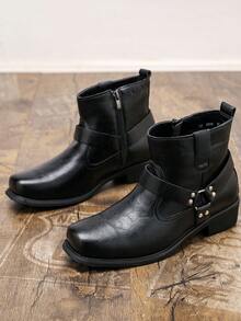 Men's High Heel Square Toe Chelsea Boots, Height Increasing British Style Side Zipper Cross Strap Ankle Boots, Business Casual Fashion Boots - Black - View 5