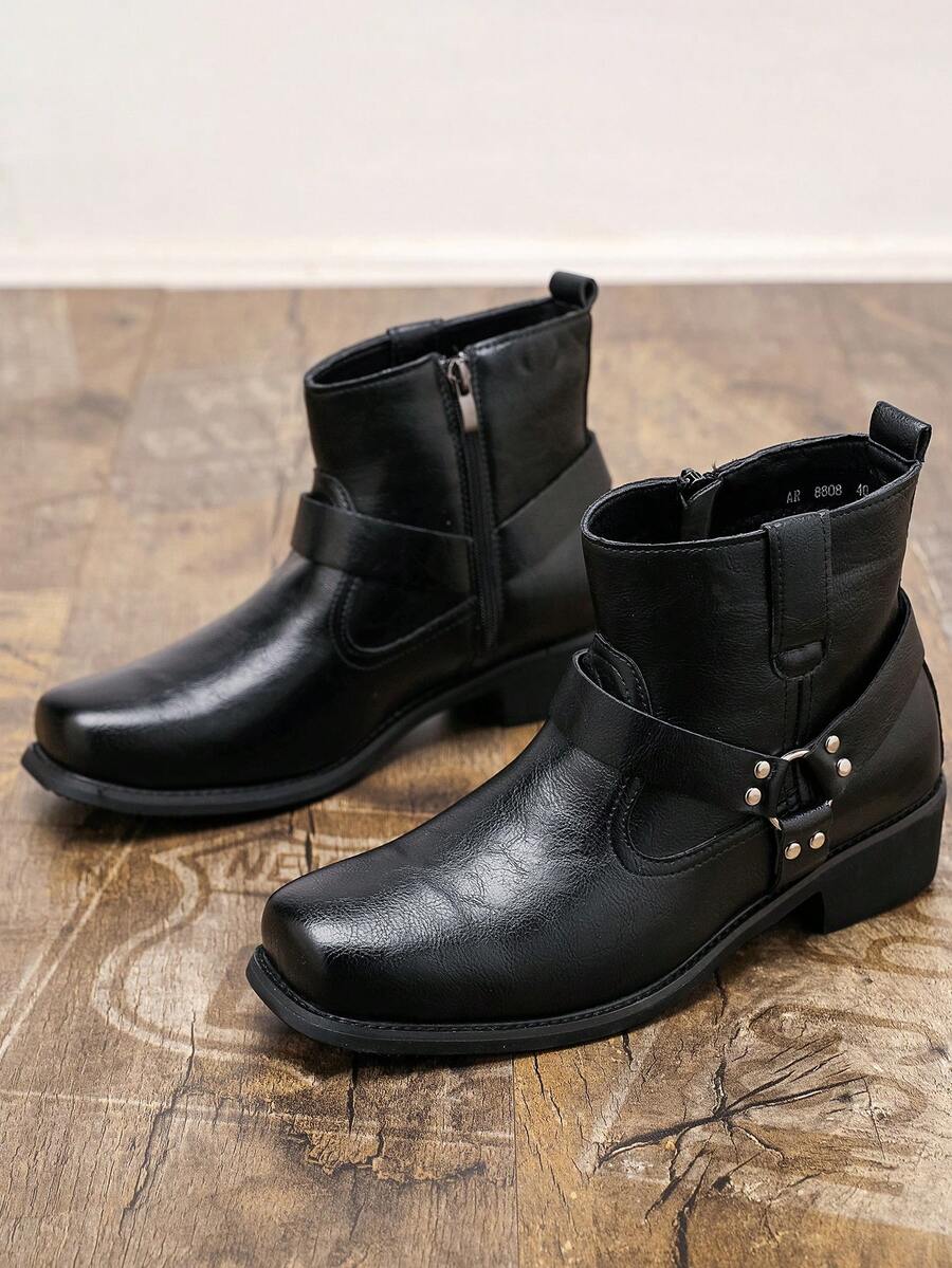 Men's High Heel Square Toe Chelsea Boots, Height Increasing British Style Side Zipper Cross Strap Ankle Boots, Business Casual Fashion Boots