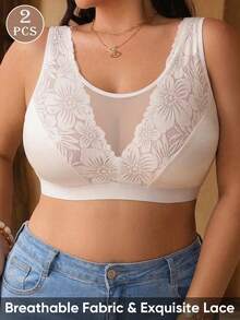 MEIYATING 2pcs Women's Full Coverage Plus Size Thin Cup Mesh Lace Wireless Soft Bra Comfortable Solid Color Tank Style - White - View 3