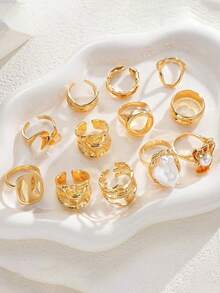 12/3pcs Set Asymmetric Pearl Flower Rings, Geometric Design, Iridescent, Hollow Round, Multi-Layer Metal Texture, Extra Large, Rugged Chic, Elegant Vintage, Suitable For Holidays, Parties, Dates, Gifts, Daily Wear - Gold - View 2