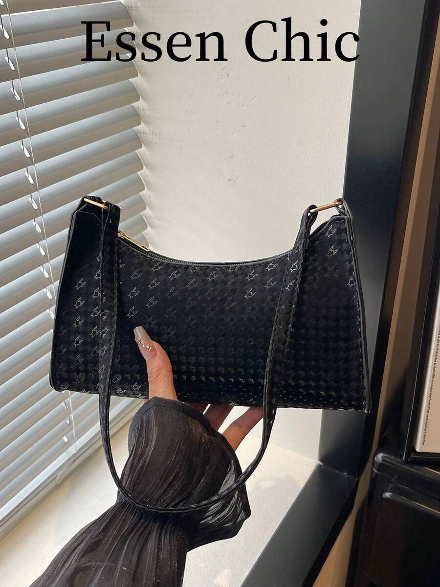 1pc Black Solid Color PU Baguette Shoulder Bag For Women