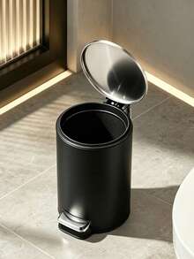 3L/5L Color Block Matte Black Metal Trash Can With Lid, Stainless Steel Foot Pedal Waste Bin, Large Capacity Round Wastebasket For Home Living Room Bedroom Bathroom Kitchen Office Storage - View 2