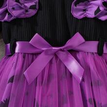 4-7 Years Old Girls Halloween Purple Bat Long Sleeve Dress, Sweet Cool Style Ruffle Collar Bow Princess Dress, Autumn Ribbed Long Sleeve Top With Bat & Star Print Purple Mesh Tutu Skirt - Purple - View 5
