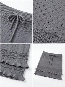 Korean Style Vintage Sweet Dark Gray Drawstring Ruffle A-Line Knit Mini Skirt, Versatile Design For Women Spring/Summer Fall - Dark Grey - View 9