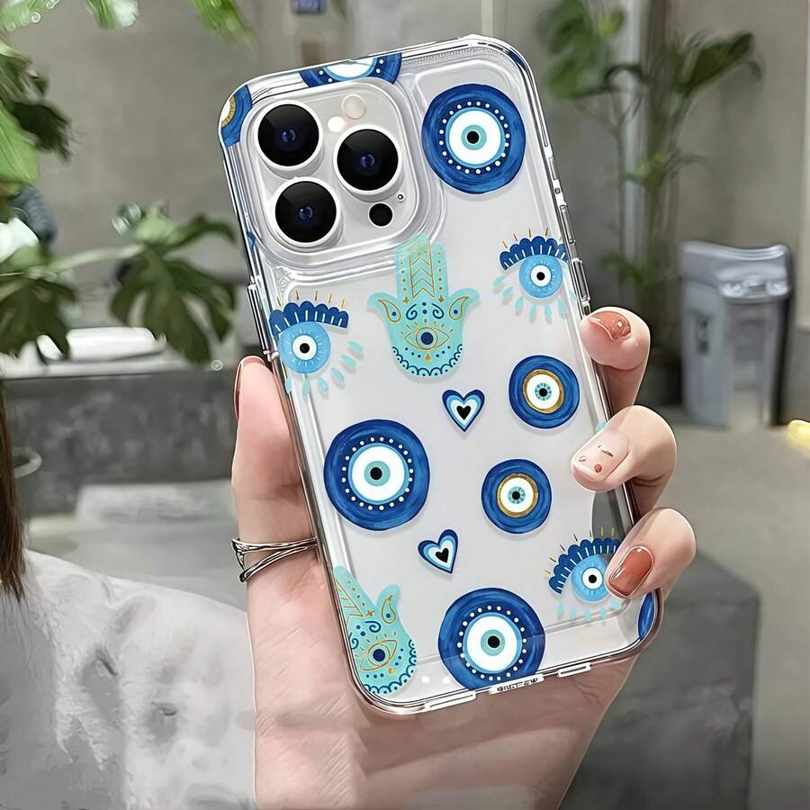惡魔之眼珠飾圖案印花透明手機殼，水果花卉幸運符圖案印花防摔保護殼，適用於 iPhone 13/11/17/17pro，適用於 Galaxy/A54/A14/A12/A13，防水防摔防刮耐用，夏季禮物派對 - 彩色 - 查看 1