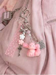 Gentle Fox Alloy Pendant Keychain, Vintage Key Charm With Lace Ribbon, Exquisite Bag Accessory, Best Friend Gift, Niche INS Style Pink Keychain, Girl's Backpack Charm, Portable Accessory - Pink - View 9