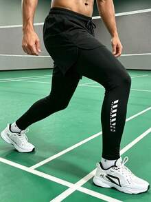 Celana Panjang Kasual Olahraga Pria, Legging, Desain Dua Lapis, Cocok Untuk Lari, Gym, dan Olahraga Luar Ruangan Lainnya. - Hitam - View 2