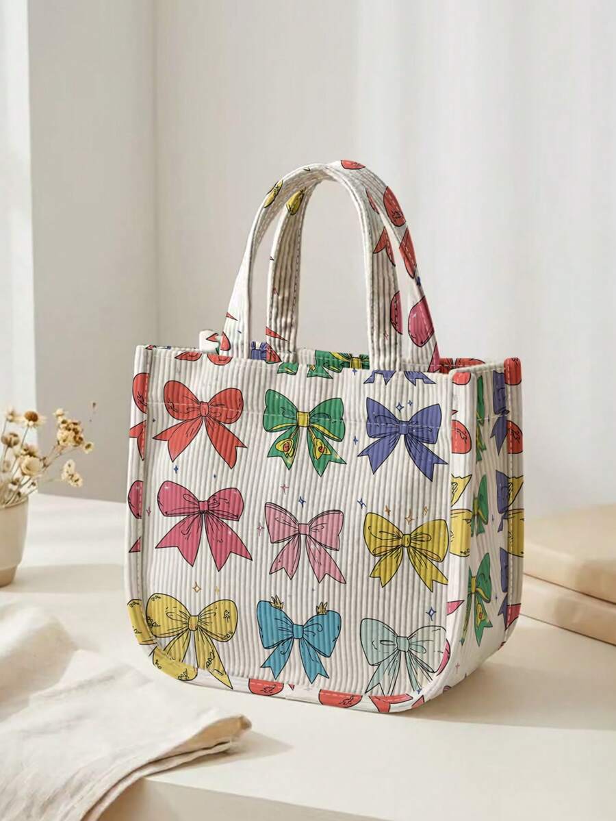 1pc Colored Bow Print Corduroy Tote Bag, Snap Button Closure Cute ...