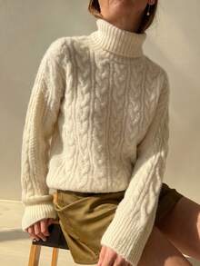 Happyevery Women's Autumn/Winter Casual French Style Solid Color Vintage High Neck Cable Knit Long Sleeve White Sweater Fall - White - View 6
