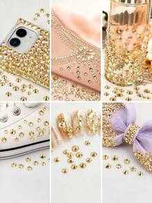 Gold Flat Back Rhinestones, Multi-Size Round Crystal Hot-Fix Rhinestones, Shiny Adhesive Rhinestones, Suitable For Nail Art, Phone Cases, Shoes, Clothing, Handmade DIY Decoration - Gold - View 3