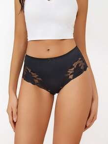 FINETOO Women's Lace Patchwork Hollow Out Waist Bow Decor Romantic Sheer Sexy Panties - Black - View 3