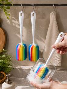 4pcs Creative Multi-Color Sponge Long Handle Cup Brush, Bottle Brush, No Dead Angle Dirt Cleaning Brush, Multi-Purpose Sponge Brush - Multicolor - View 2